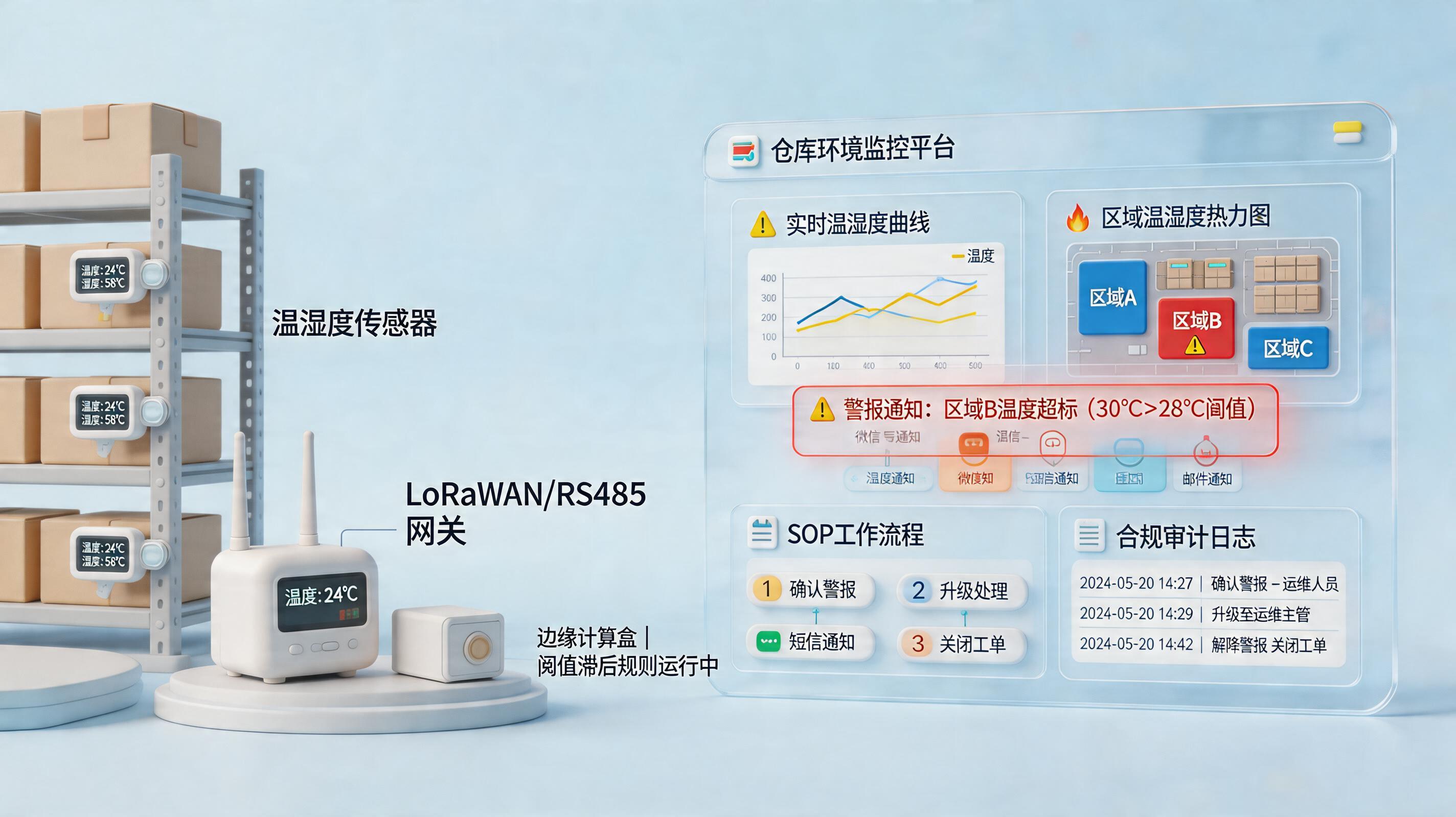 仓库温湿度监控数据如何自动采集并超标报警？三步落地方案_主图