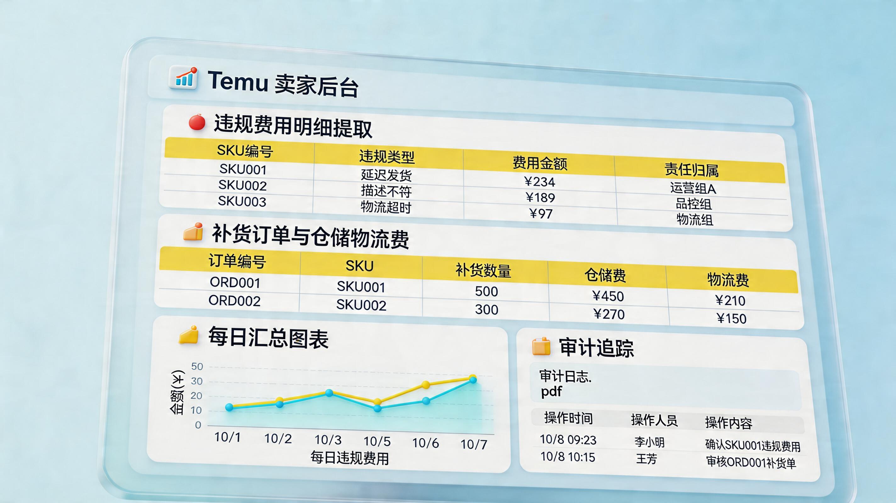 Temu备货违规支出详情自动抓取汇总方法？自动归因与台账搭建_主图