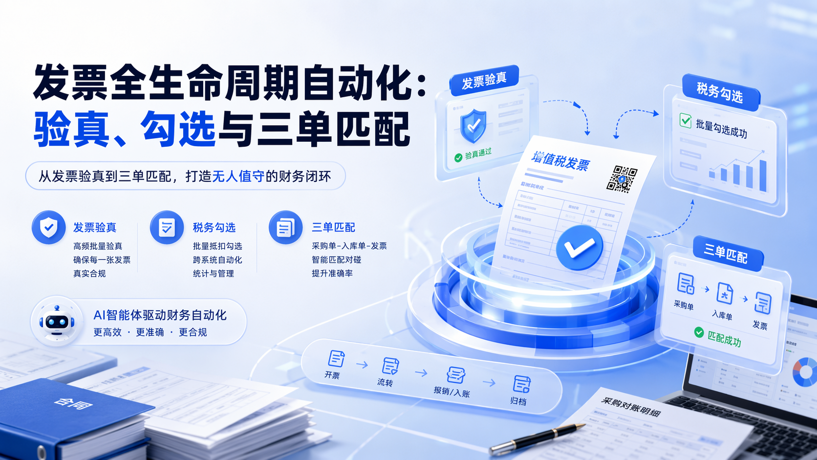 发票全生命周期自动化：验真、勾选与三单匹配