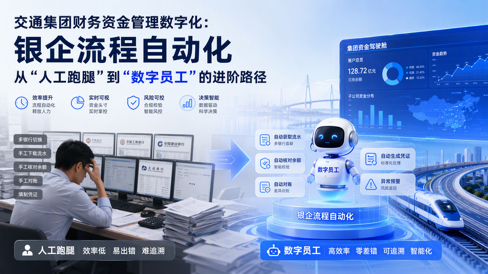 交通集团财务资金管理数字化:银企流程自动化从“人工跑腿”到“数字员工”的进阶路径