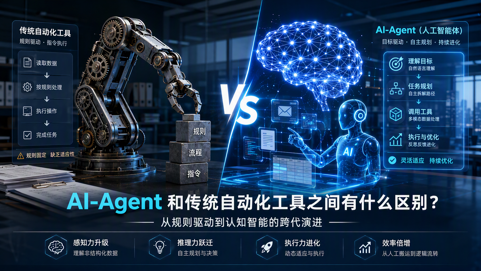 AI‑Agent 和传统自动化工具之间有什么区别？从规则驱动到认知智能的跨代演进