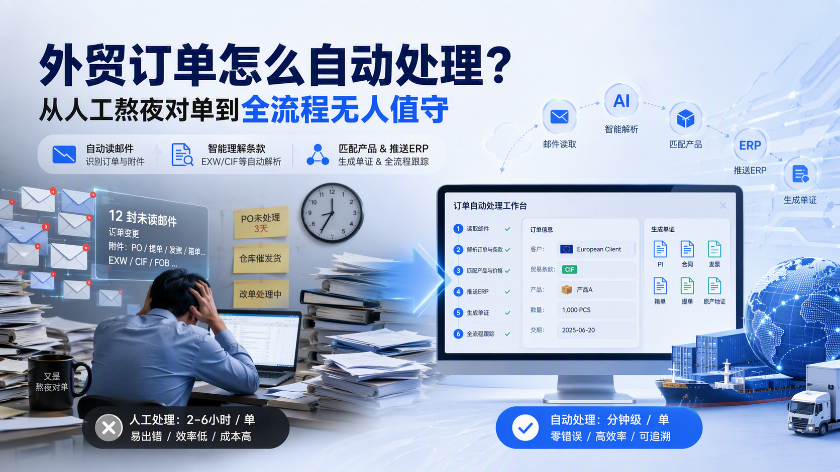 外贸订单怎么自动处理?从人工熬夜对单到全流程无人值守