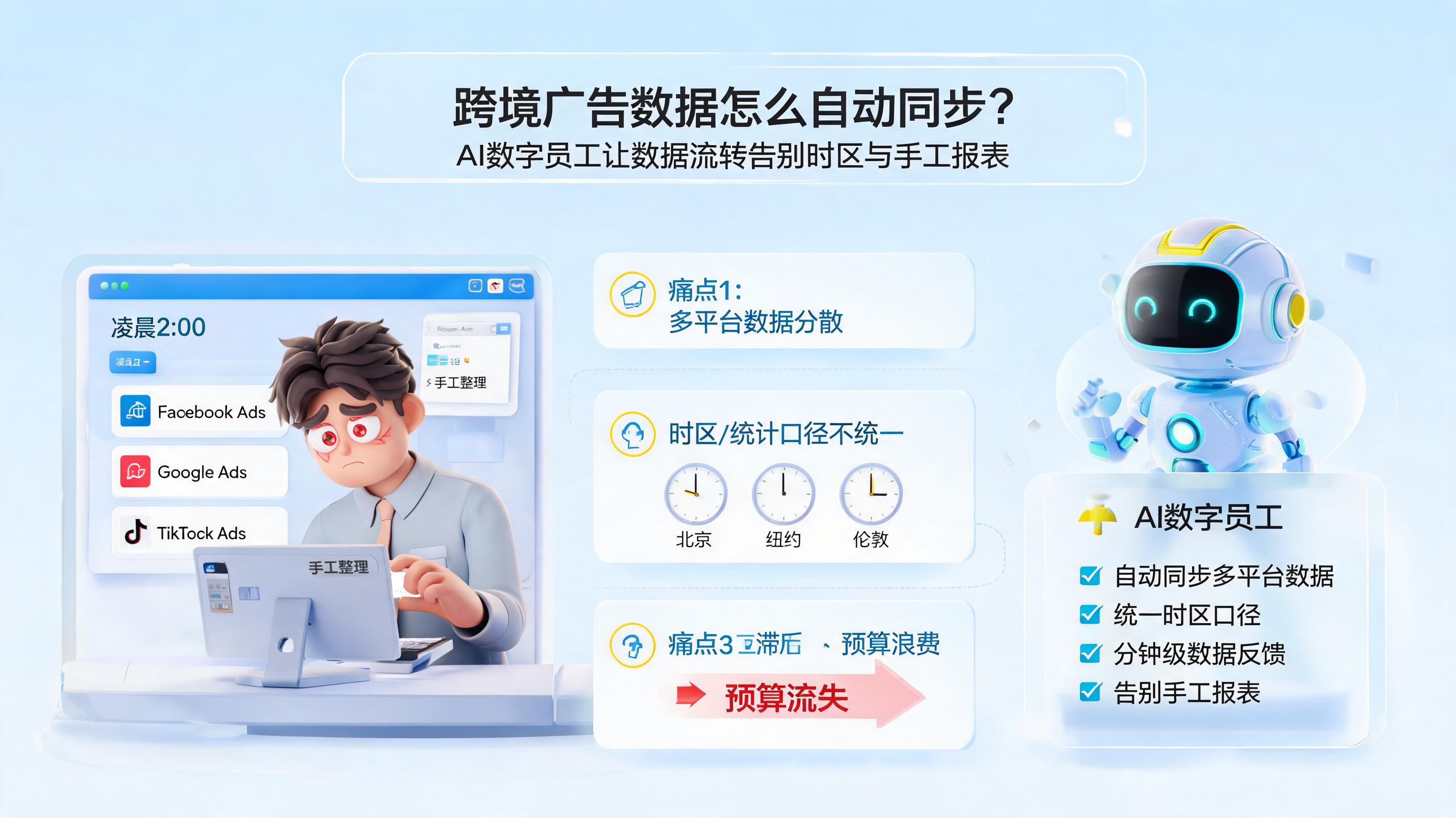 跨境广告数据怎么自动同步？AI数字员工让数据流转告别时区与手工报表