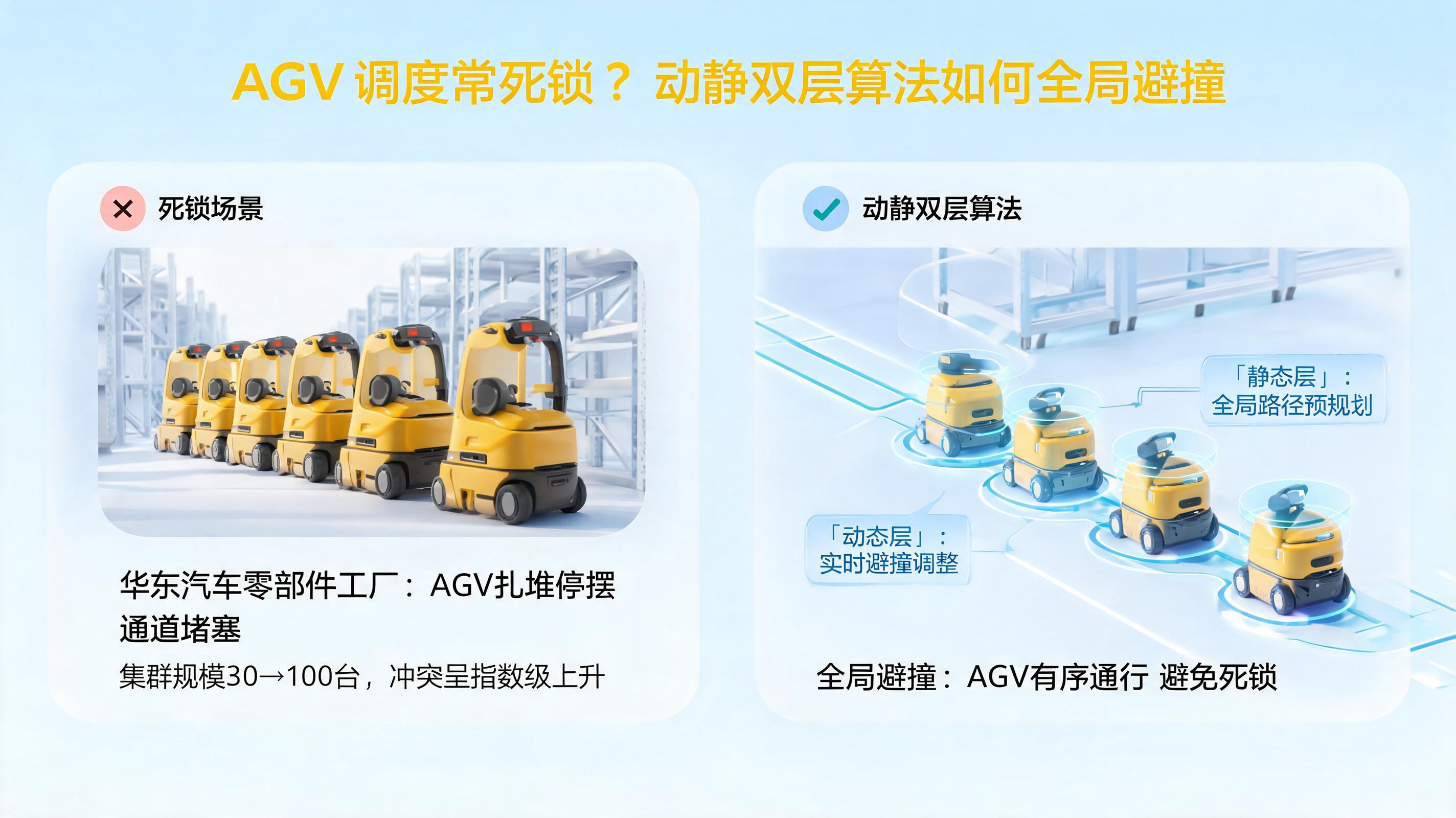 AGV调度常死锁？动静双层算法如何全局避撞_图1